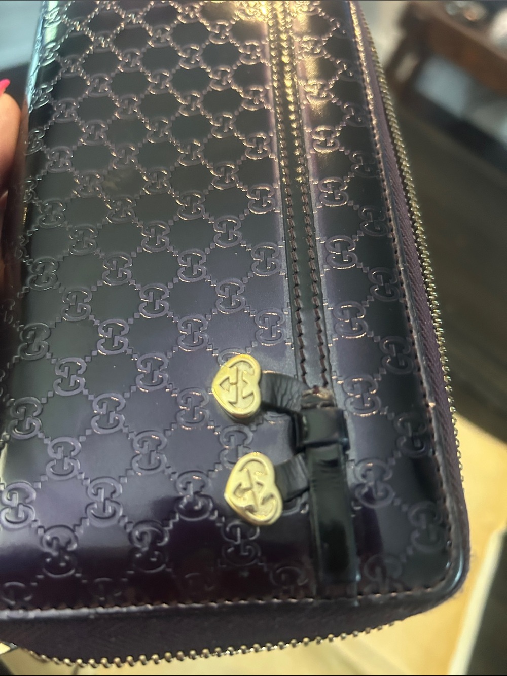 Gucci Glossy Deep Purple Micro GG Guccissima Zip-Around Wallet with Heart Charms